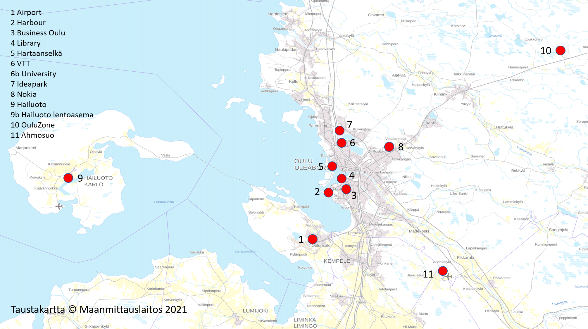 Landing sites in the Oulu Area